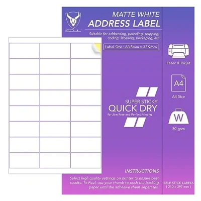 Image of Sticker Paper for Printer A4, Printable Paper,100 Sheets A4 Printing White Matte Self Adhesive Address Labels 8 Label Per Sheet