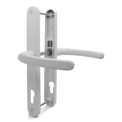 Image of TSS White UPVC Door Handle Pair Set, 92mm PZ (Centres), Sprung, Lever Lever, 240mm Screw to (Screw centres), Backplate 270mm x 32mm Replacement PVC in