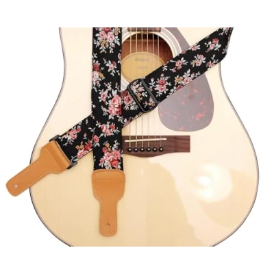 Image of MUSIC FIRST Original Design “Rosa Multiflora in Black Padded Soft Cotton &amp; Genuine Leather Guitar Strap, Banjo Strap