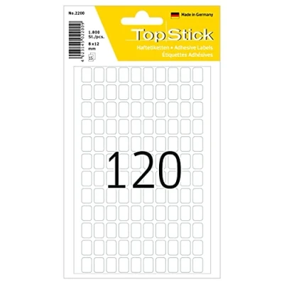 Image of TopStick Multi Purpose Labels, 120 Labels per Sheet, 150 Sheets, 8 x 12 mm, 18000 Self Adhesive Mini Stickers, Blank Sticky for Office Kitchen Home, White