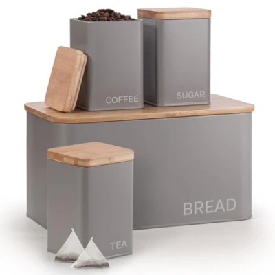 Image of EHC Set of 4 Tea, Coffee, Sugar and Bread Storage Container With Lid Grey