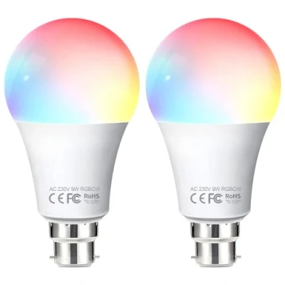 Image of Fitop WiFi Smart Light Bulb B22 Bayonet, Dimmable White and Colour Changing Bulb, 9W 806LM=80W RGBCW LED Compatible with Alexa/Google Home/Siri, 2700K 6500K, No Hub Required 2 Pack