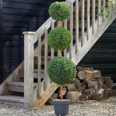 Image of Garden Mile® Green Topiary Tree Artificial Plantation Plants and Pots Artistic Round Ball Cut Bush for Doorway Front Porch Decking (Trio 150cm)