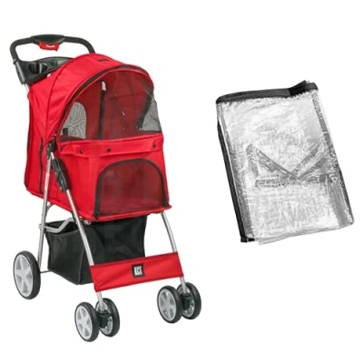 Image of KCT Hooded Foldable Pet Dog Cat Stroller with Waterproof Rain Cover Red 4 Wheel Travel Carriage Safety Leash, Canopy, Cup Holder, Storage Tray