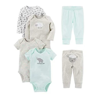 Image of Simple Joys by Carter&#039;s Baby 6 Piece Neutral Bodysuits (Short and Long Sleeve) Pants Set Layette, Grey/Mint Green/Elephant/Lamb, 24 Months