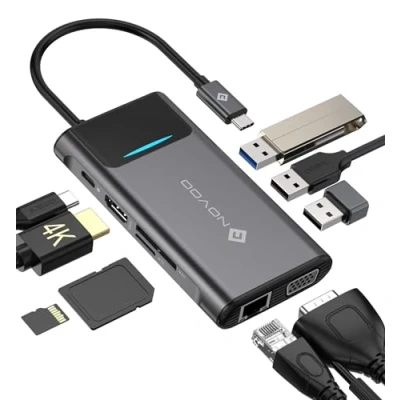 Image of NOVOO 9 in 1 USB C HUB, Adapter with RJ45 Gigabit Ethernet, 4K HDMI, VGA, 100W PD, SD/TF Card Reader, 3 3.0 Ports, Docking Station for MacBook Air/Pro, Chromeboo etc