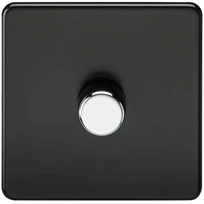 Image of KnightsBridge Screwless 1G 2 way 10 200W (5 150W LED) trailing edge dimmer Matt Black with chrome knob