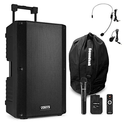 Image of VONYX VSA700 BP 15&quot; Portable PA Speaker System with Handheld, Headset Microphones and Bag, Rechargeable Battery, Bluetooth 1000W