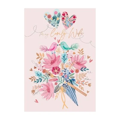 Image of Wife Birthday Card For My Lovely Birds and Floral Bouquet Artistic Design Special Finishes Illustrated Insert Leaf Made in the UK Eco Friendly