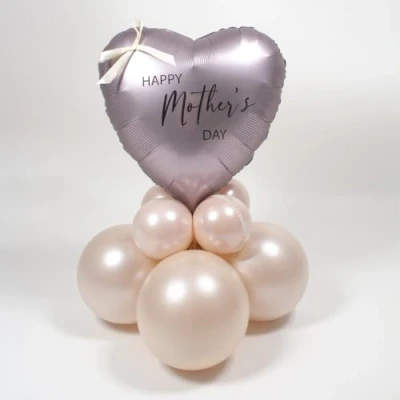 Image of Happy Mother&#039;s Day Greige Heart Shape Tabletop Balloon Display Inflated In A Box