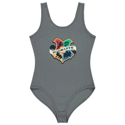 Image of Harry Potter Ladies Hogwarts Bodysuit Gryffindor Hufflepuff Ravenclaw Slytherin Wizardry Racer Back Tank Top Shapewear, Charcoal, S
