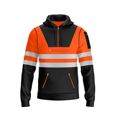 Image of mymixtrendz Hi Vis Mens Pullover Hoodie Reflective Tape Safety Work Multi Zipped Pockets Drawstring High Viz Visibility Sweatshirt