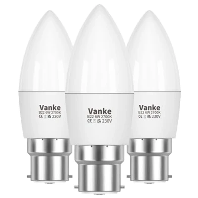 Image of Vanke Bayonet Candle Light Bulb 40w Equivalent, B22 LED Bulbs Warm White 2700K, 6w Energy Saver Bulb, 470 Lumen, Non Dimmable, 3 Pack