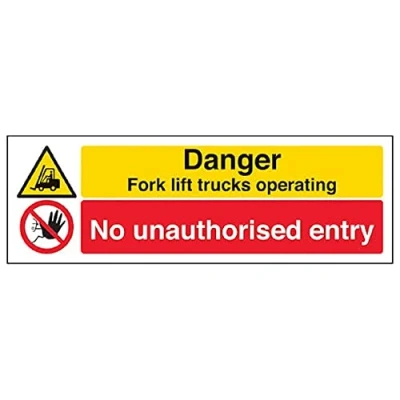 Image of V Safety Danger Fork Lift Trucks Operating No Unauthorised Entry Sign 600mm x 200mm 1mm Rigid Plastic
