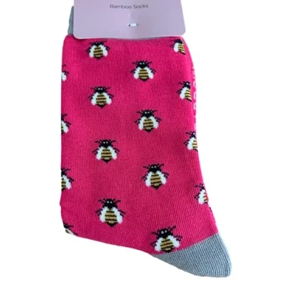 Image of Purple Possum® Bee Socks Bumble Bees Hot Pink Grey Bamboo Cotton Blend Ladies Size 4 7