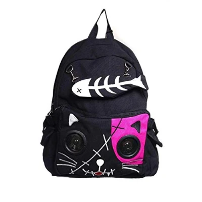 Image of Banned Apparel Kitty Speaker Backpack Fish Bone Purse 3.5mm Aux