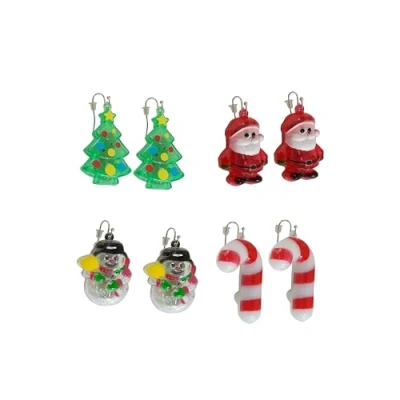 Image of SRV Hub Flashing Christmas Earrings Pair Set 4 Assorted Designs Novelty Light up LED Santa Snowman Tree Candy Cane Dangle Jewelry for Women Girls Kids Ear Accessories Xmas Gift