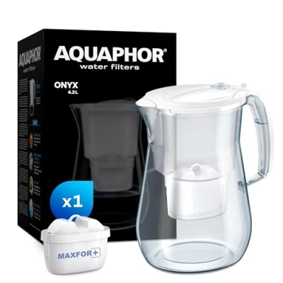 Image of AQUAPHOR Onyx White Water Filter Jug Counter Top Design with 4.2L Capacity, 1 X MAXFOR+ Included Reduces Limescale Chlorine &amp; Microplastics Perfect for Families