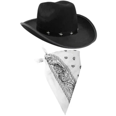 Image of I LOVE FANCY DRESS COWBOY HAT &amp; NECKSCARF ACCESSORIES. BLACK STAR STUDDED WHITE BANDANA. WILD WEST WESTERN SHERIFF. PACK OF: 1 BANDANA COLOUR:
