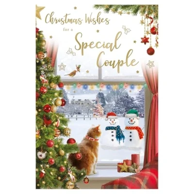 Image of ICG Special Couple Christmas Card Cat Looking at Snowmen Outside Embossed with Foil and Flitter Details