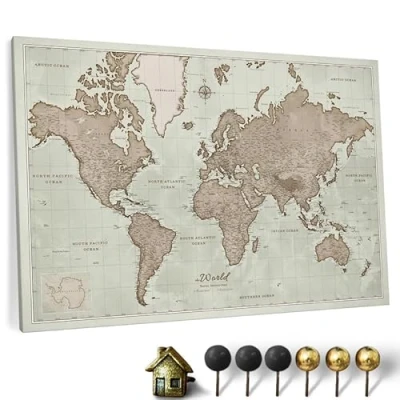 Image of Canvas World Map with Cork Pin Board English Lettering Decorative Wall Decoration for All Rooms Pictures Motif (70x50 cm, Pattern 19)