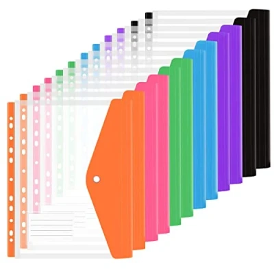 Image of CYH 12Pcs Expandable Punched Pockets A4 Plastic Wallets Folders Ring Binder Document Files Popper with Label Pocket for Home Office School