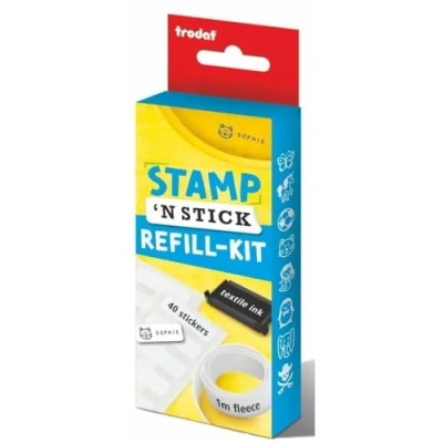 Image of Trodat Stamp &#039;N Stick Refill Kit Continue The Use of Your Stamper and Personalise Uniforms &amp; Belongings Features Iron On Fleece, 40 Stickers Black Textile Ink Pad,Multi coloured,Medium