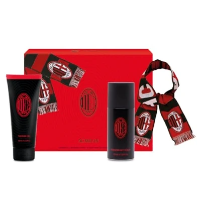 Image of AC Milan Gift Set Deodorant 150ml + Shower Gel 200ml Official Scarf Woody &amp; Spicy Fragrance Sporty Intense Perfume Cedarwood, Musk Amber Scent Male Body Skin Care Combo