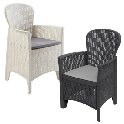 Image of 1 2 FOLIA Plastic Garden Chair Cushioned Seat Rattan Look Outdoor Furniture (1, White)