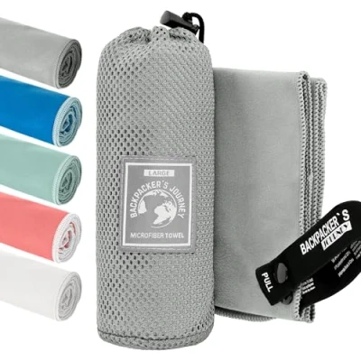 Image of Backpacker&#039;s Journey Microfibre Travel Towel Sets Quick Dry, Lightweight, Ultra Absorbent &amp; Antibacterial Beach, Camping, Gym Swim Sizes S to XL with Mesh Bag