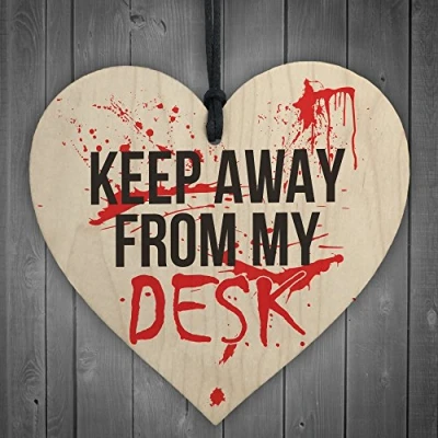 Image of RED OCEAN Keep Away From My Desk Novelty Wooden Hanging Heart Plaque Funny Office Sign
