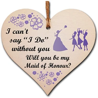 Image of Handmade Wooden Hanging Heart Plaque Gift Will You Be My Maid of Honour Wedding Novelty Keepsake