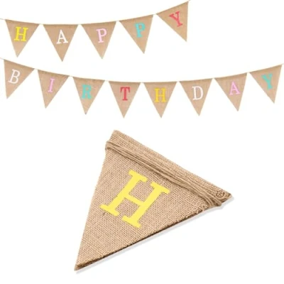 Image of G2PLUS HAPPY Birthday Burlap Bunting Banner, Pre strung Hessian Reusable Triangle Vintage Party Decorations for