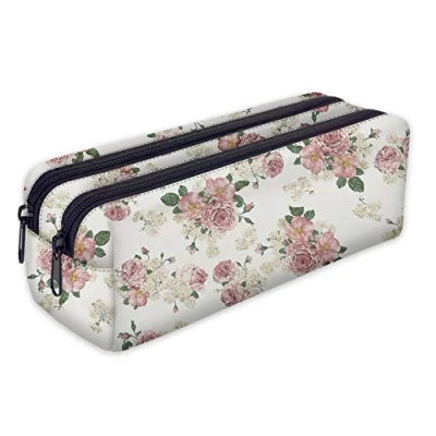 Image of Pencil Case with 2 Compartments Toiletry Bag Vanity Make up Purse Phone Handbag Holder Flowers [107]