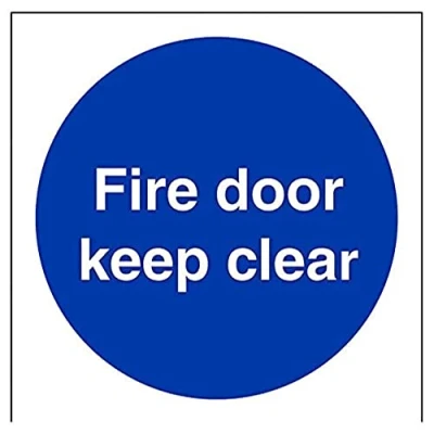 Image of V Safety 18005AF R Fire Door Keep Clear Mandatory Sign Square 100mm x 1mm Rigid Plastic, Blue
