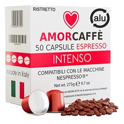 Image of Amorcaffe 50 Aluminium Capsules Compatible with Nespresso Pods Intenso Ristretto