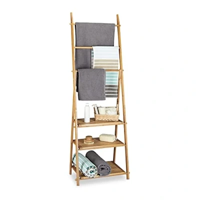 Image of Relaxdays Bamboo Towel Rack Folding Small Clothes Stand with 3 Shelves, Rails and 4 Side Hooks, Brown, 152 x 53 31 cm