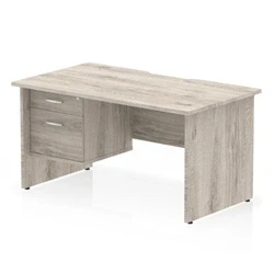 Image of Impulse 1400 x 800mm Scalloped Edge Straight Office Desk Grey Oak Top Panel End Leg Workstation 1 2 Drawer Fixed Pedestal