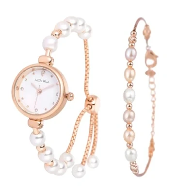 Image of JewelryWe Pearl Bracelet Watch Set: Ladies Rose Gold Waterproof Quartz Adjustable Casual Cuff Stainless Steel Elegant Round Dial Analog Bangle Mother&#039;s Day Jewellery Gift