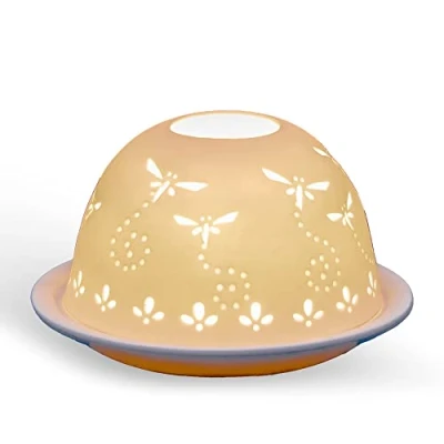 Image of Porcelain Candle Holder in a Dragonflies design Tealight Handcrafted Dome shaped Unglazed Finish White