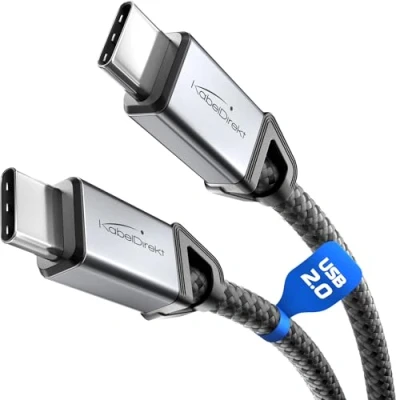 Image of KabelDirekt USB C Cable for Fast Charging, Break Resistant Metal Plugs + Nylon Braiding, 2.0 2x 2m (Charges Phones/Laptops with 60W, Highly robust, Works as Charging/Data Cable, Black)