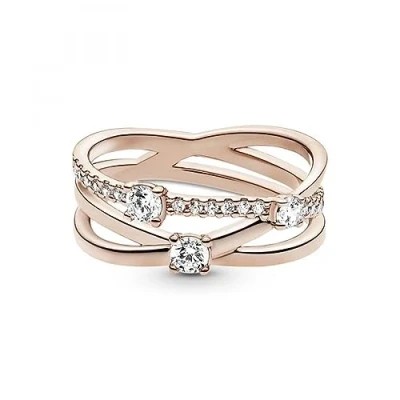 Image of Pandora Timeless 14k Rose gold plated Sparkling Triple Band ring with clear cubic zirconia, 52