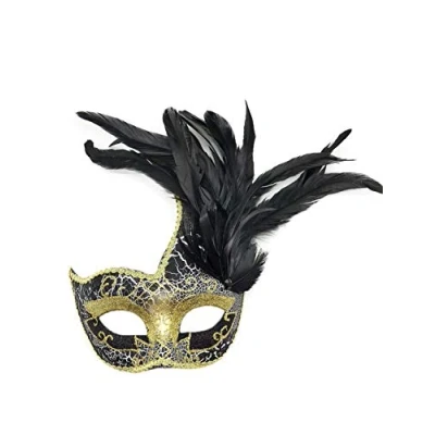 Image of Coolwife Costume Mask Feather Masquerade Halloween Mardi Gras Cosplay Party Masque (Crack Black)