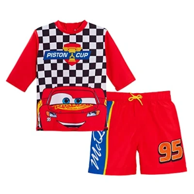 Image of Disney Boys Cars Swim Shorts + Rash Vest Top 7 8 Years Red