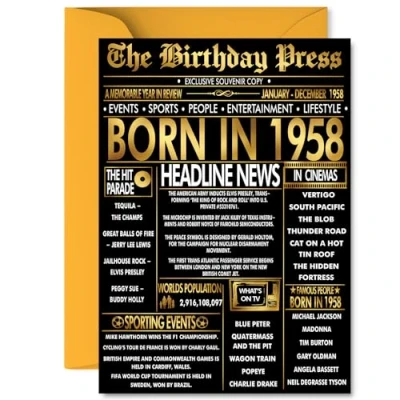Image of Gold 67th Birthday Card for Men Women Black &amp; Golden Newspaper Born in 1958 Happy 67 Cards Grandad Brother Sister Auntie Grandma Wife, A5 Bday Greeting