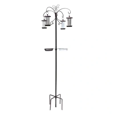 Image of Honeyfield’s Wild Bird Feeders Hanging Station, Feeder Hanger with Eight Hooks, Free Standing Metal Pole Stabilised Base, Four Victorian Feeders, Removable Food Tray and Water Bowl