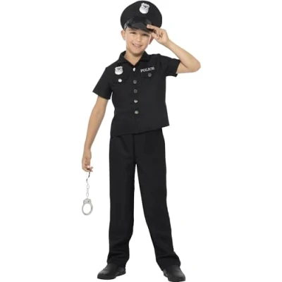 Image of Smiffys New York Cop Costume, Black with Top, Trousers &amp; Hat, Boys Fancy Dress, Cops and Robbers Dress Up Costumes