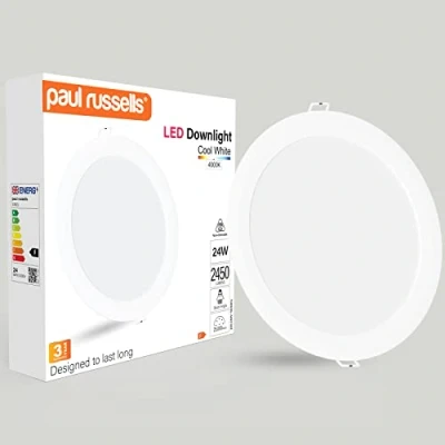 Image of paul russells LED Ceiling Downlights, 24W Slim Recessed Bathroom Kitchen Ceilings, 2450 Lumens, 4000K Cool/Natural White, Cutout 195 205mm, Round Non Dimmable Panel Spotlights, 1 Pack