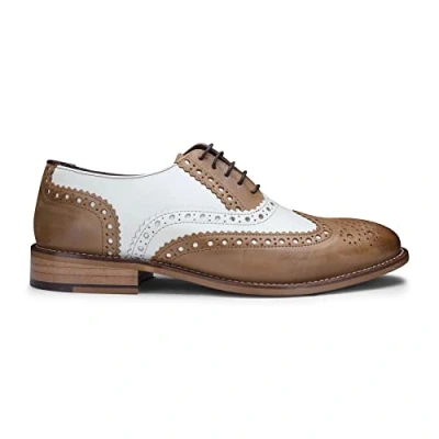 Image of Mens Real Leather Vintage Shoes Brogues 1920s Suede Tweed Laced Smart Formal Tan White 8
