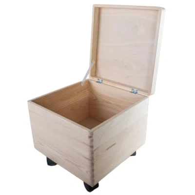 Image of WooDeeDoo Square Deep Wooden Storage Box with Hinged Lid &amp; Wheels 30 x 24 cm Memorabilia Keepsake Trinket Toy Chest Plain Pine For Craft